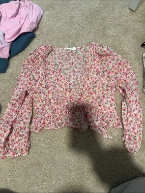 Lush Pink Floral Tie-Front Ruffled Blouse